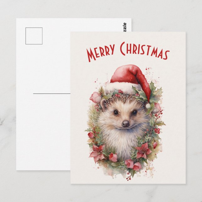 Hedgehog in a Santa Hat Red Poinsettia Christmas Postcard (Front/Back)