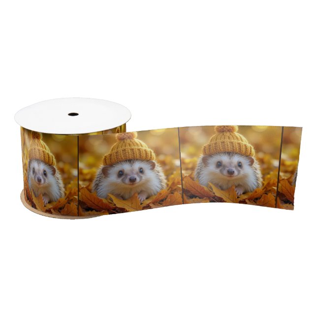 Hedgehog In Autumn Leaves Satin Ribbon (Spool)