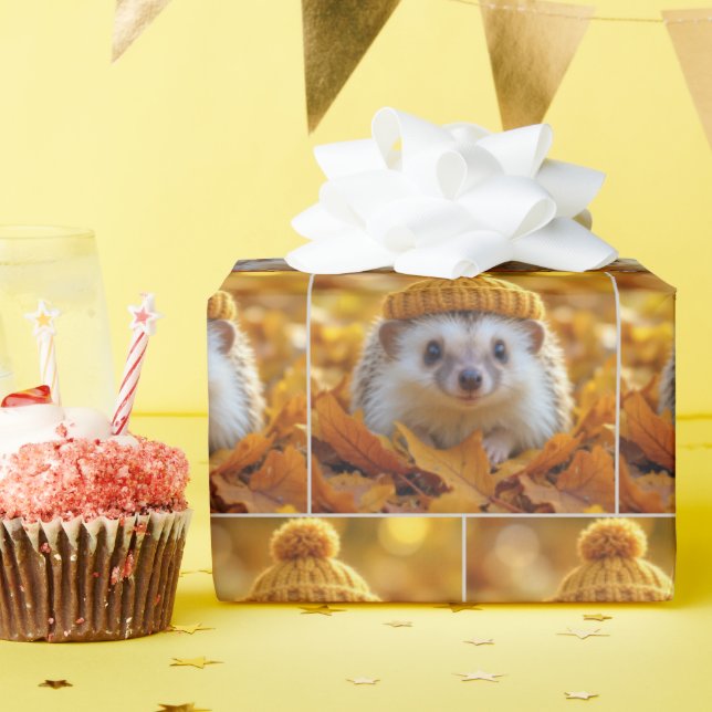 Hedgehog In Autumn Leaves Wrapping Paper (Birthday Party)