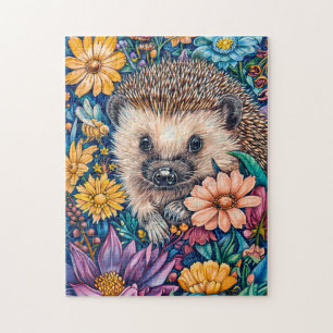 Hedgehog in Blooming Flower Bed Jigsaw Puzzle