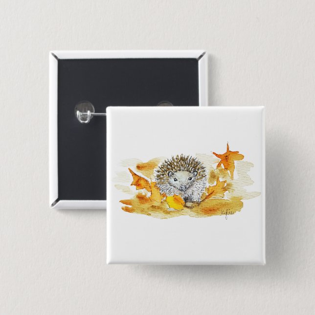 Hedgehog In Fall Leaves Button (Front & Back)