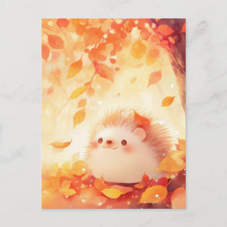 Hedgehog in Glowing Autumn Forest with Orange Leaf Postcard
