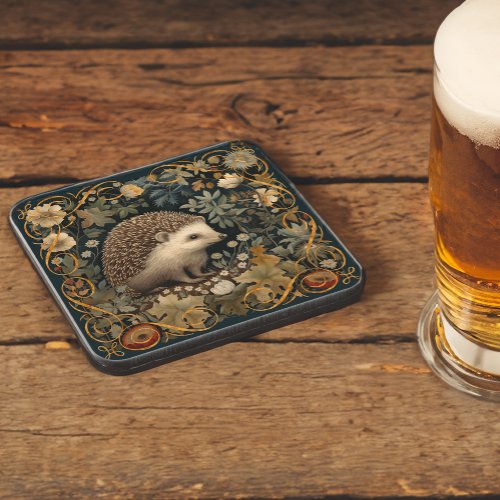 Hedgehog in the Forest William Morris style Beverage Coaster