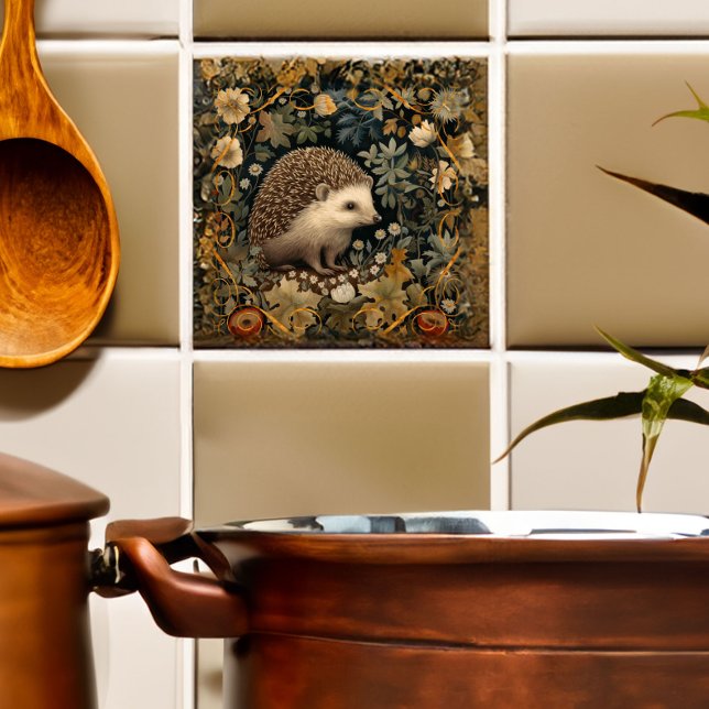 Hedgehog in the Forest William Morris style Ceramic Tile