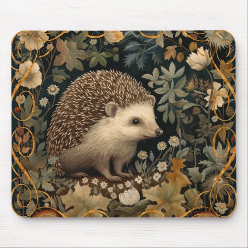 Hedgehog in the Forest William Morris style Mouse Pad
