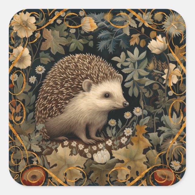 Hedgehog in the Forest William Morris style Square Sticker (Front)