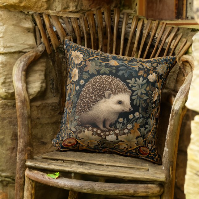 Hedgehog in the Forest William Morris style Throw Pillow (Creator Uploaded)