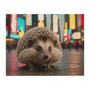 Hedgehog in Times Square Wood Wall Art