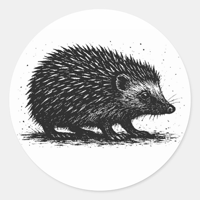 Hedgehog Ink Illustration — Black & White Creature Classic Round Sticker (Front)