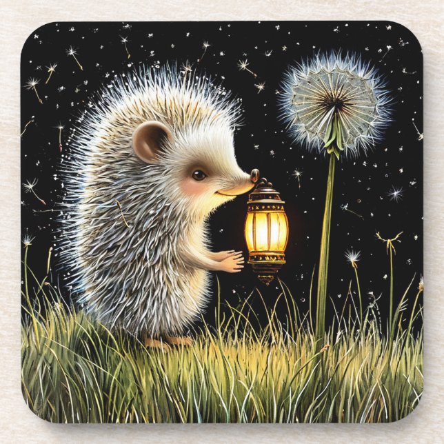 🦔 Hedgehog Lantern Night Garden Glow 🌼 Beverage Coaster (Front)