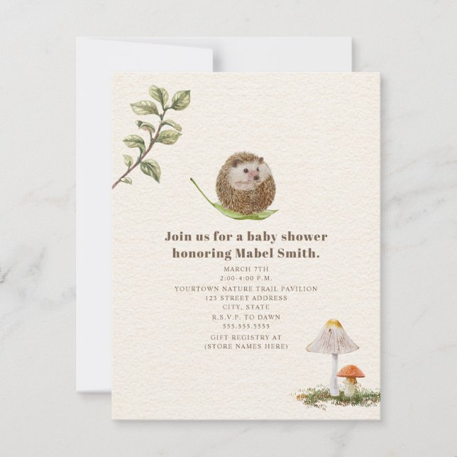 Hedgehog Leaf Mushrooms Woodland Baby Shower Invitation (Front)