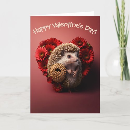 Hedgehog Love with Flowers for Valentines Day Holiday Card