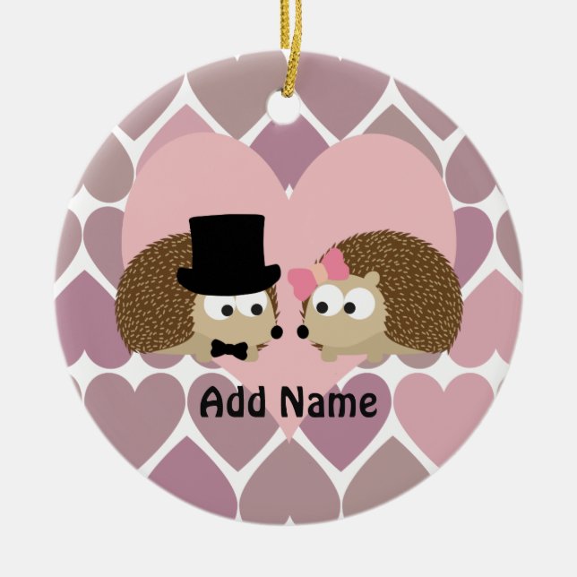 Hedgehog Love with Hearts Ceramic Ornament (Front)