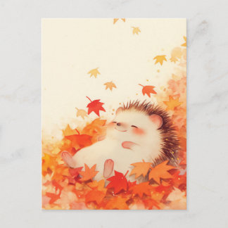 Hedgehog Lying in Autumn Maple Leaves Postcard