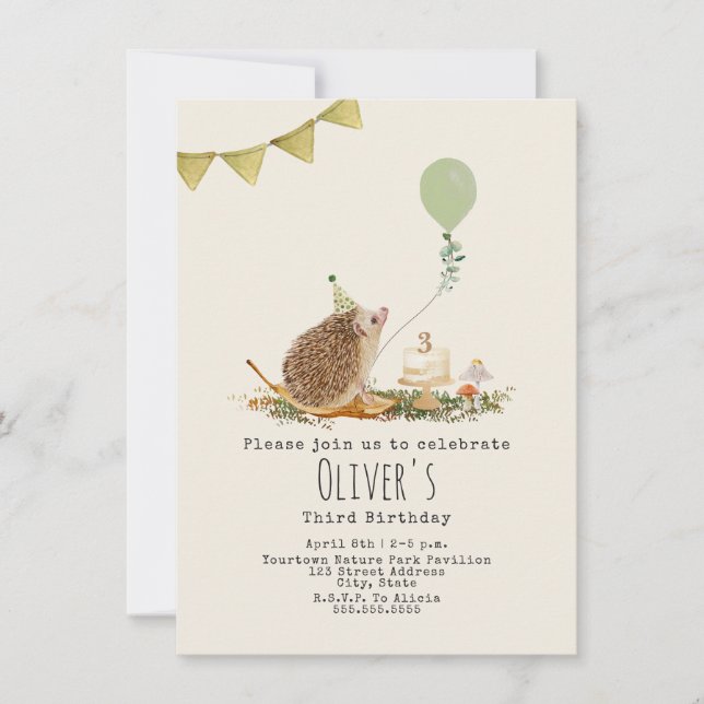 Hedgehog Mushroom Balloon Forest Birthday Invitation (Front)