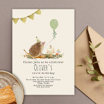 Hedgehog Mushroom Balloon Forest Birthday Invitation<br><div class="desc">Illustration of a hedgehog sitting on a leaf wearing a party hat with a cake topped with number next to two mushrooms.  Hedgehog is holding a balloon.  Green bunting at top left.</div>