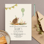 Hedgehog Mushroom Balloon Forest First Birthday Invitation<br><div class="desc">Illustration of a hedgehog sitting on a leaf wearing a party hat with a cake topped with candle next to two mushrooms.  Hedgehog is holding a balloon.  Green bunting at top left.</div>