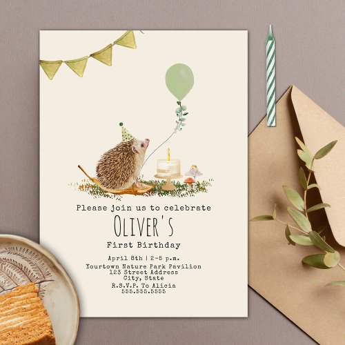 Hedgehog Mushroom Balloon Forest First Birthday Invitation