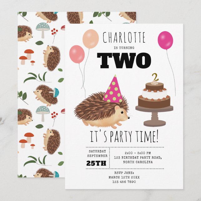 Hedgehog Mushroom Woodland Forest Funny Birthday Invitation (Front/Back)