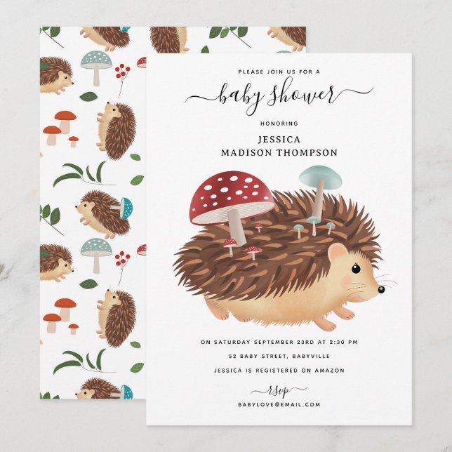 Hedgehog Mushroom Woodland Funny Baby Shower Invitation (Front/Back)