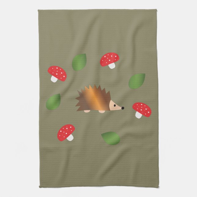 Hedgehog Mushrooms and Leaves Kitchen Towel (Vertical)