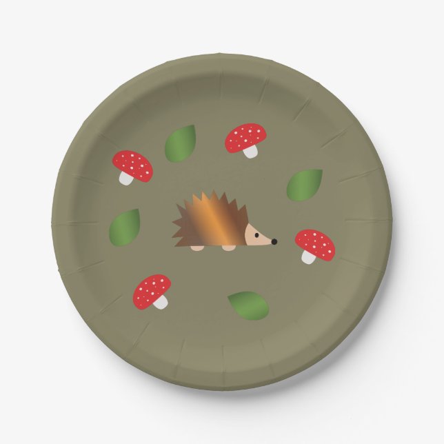 Hedgehog Mushrooms and Leaves Paper Plates (Front)