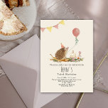 Hedgehog Mushrooms Pink Balloon Forest Birthday Invitation<br><div class="desc">Illustration of a hedgehog sitting on a leaf wearing a party hat with a cake topped with number next to two mushrooms.  Hedgehog is holding a pink balloon.  Pink and yellow bunting at top left.</div>