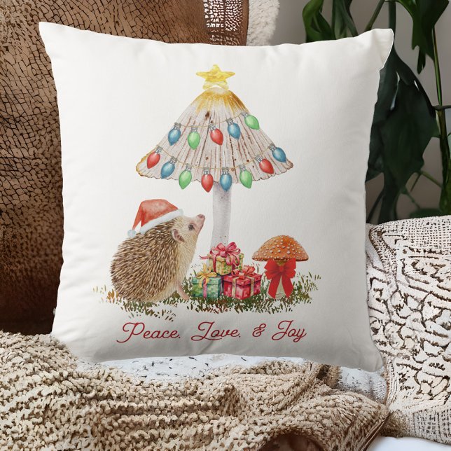 Hedgehog Mushrooms Woodland Christmas Throw Pillow (Creator Uploaded)