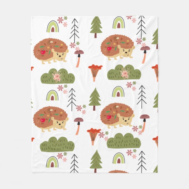 Hedgehog Nature Floral Rainbow Pattern  Fleece Blanket (Front)