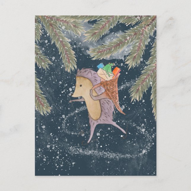 Hedgehog on skis. Basket with gift on the shoulder Postcard (Front)