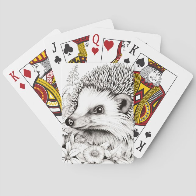 Hedgehog Peaceful Nature Prairie Sketch Drawing  Poker Cards (Back)
