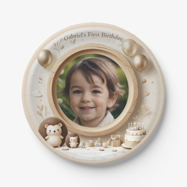 Hedgehog Photo Frame for Kids' Birthday Parties Paper Plates (Front)