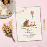 Hedgehog Pink Balloon Forest First Birthday Invitation<br><div class="desc">Illustration of a hedgehog sitting on a leaf wearing a party hat with a cake topped with candle and flowers next to two mushrooms with butterfly.  Hedgehog is holding a pink balloon.  Pink and yellow bunting at top left.</div>