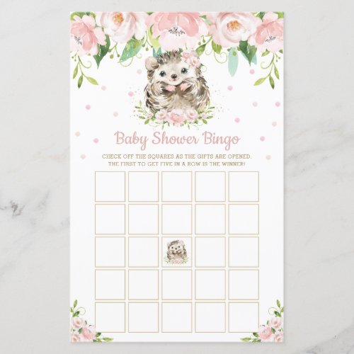 Hedgehog Pink Floral Baby Shower Bingo Game