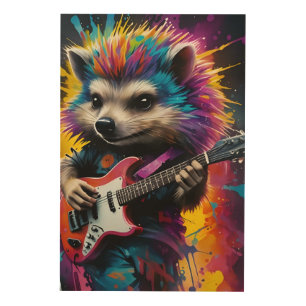 Hedgehog plays the guitar, rock graffiti wood wall art