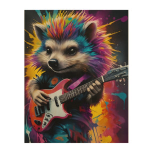 Hedgehog plays the guitar, rock graffiti wood wall art