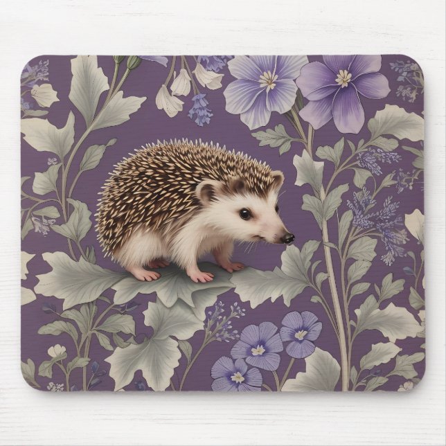 Hedgehog Purple William Morris Inspired Floral Mouse Pad (Front)