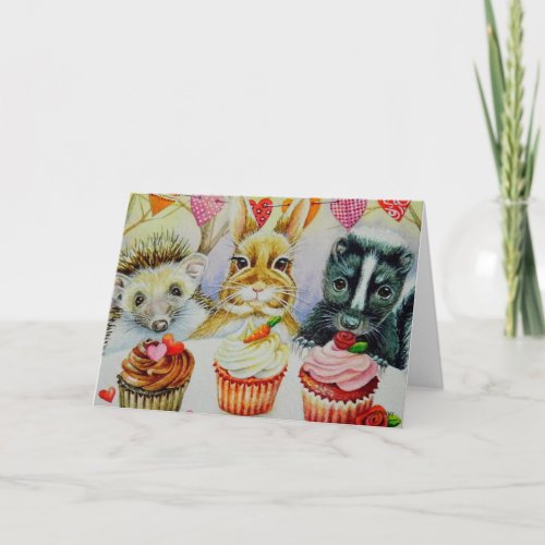 Hedgehog Rabbit Skunk  Cupcakes Watercolor Art Card