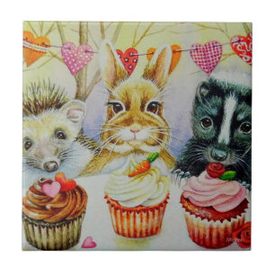 Hedgehog Rabbit Skunk & Cupcakes Watercolor Art Ceramic Tile