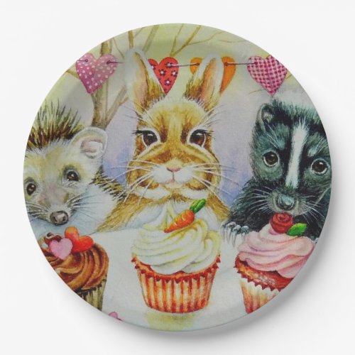 Hedgehog Rabbit Skunk  Cupcakes Watercolor Art Paper Plates