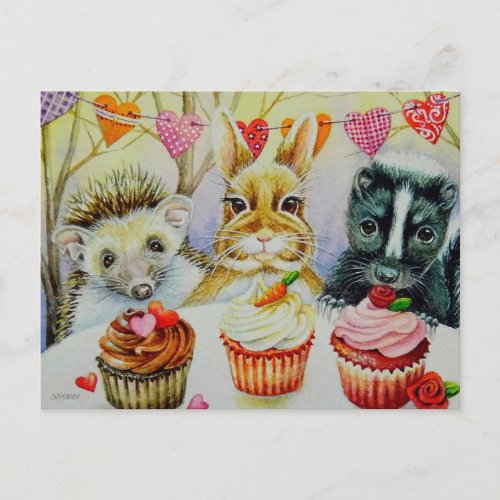 Hedgehog Rabbit Skunk  Cupcakes Watercolor Art Postcard