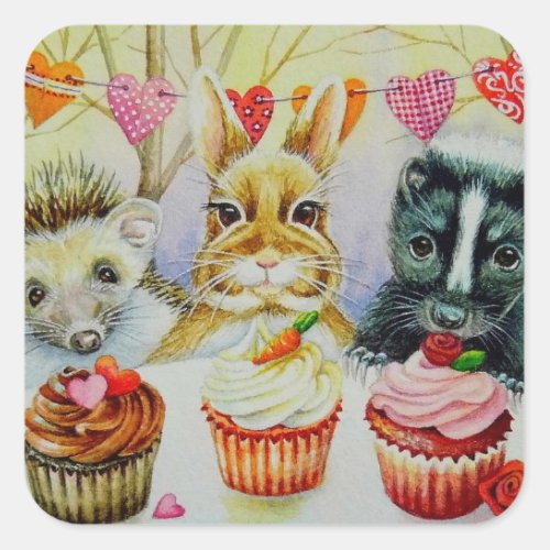 Hedgehog Rabbit Skunk  Cupcakes Watercolor Art Square Sticker