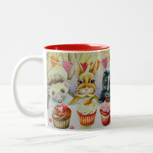 Hedgehog Rabbit Skunk  Cupcakes Watercolor Art Two_Tone Coffee Mug