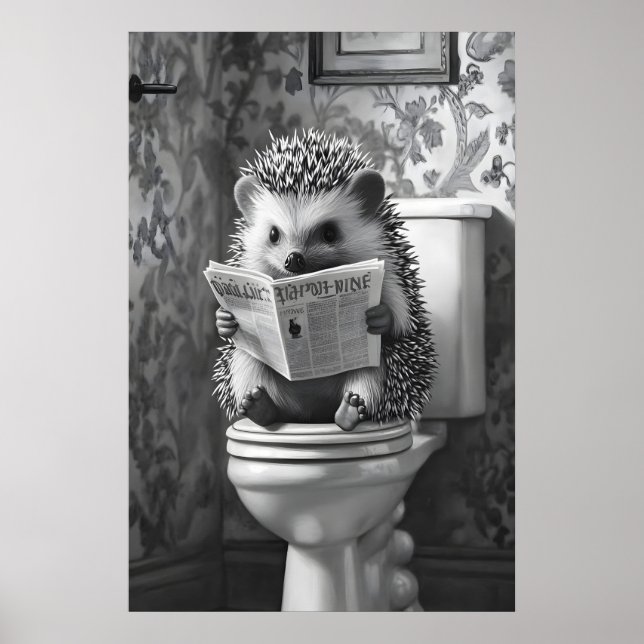 Hedgehog Reading Newspaper on Toilet, Funny Poster (Front)