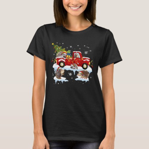 Hedgehog Riding Red Truck Xmas Merry Christmas T_Shirt