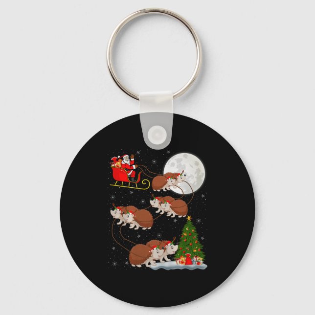 Hedgehog Santa Sleigh Flying Funny Magical Christm Keychain (Front)