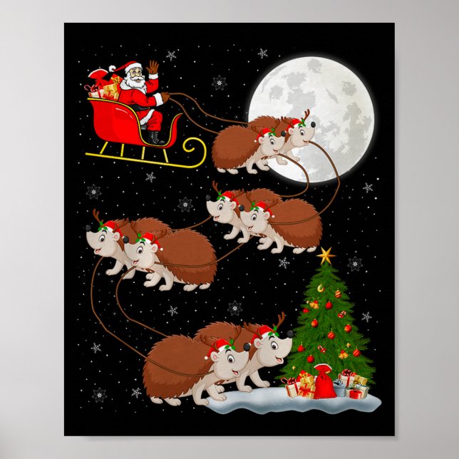 Hedgehog Santa Sleigh Flying Funny Magical Christm Poster (Front)