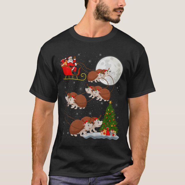 Hedgehog Santa Sleigh Flying Funny Magical Christm T-Shirt (Front)