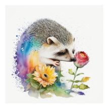 Hedgehog smelling a red rose