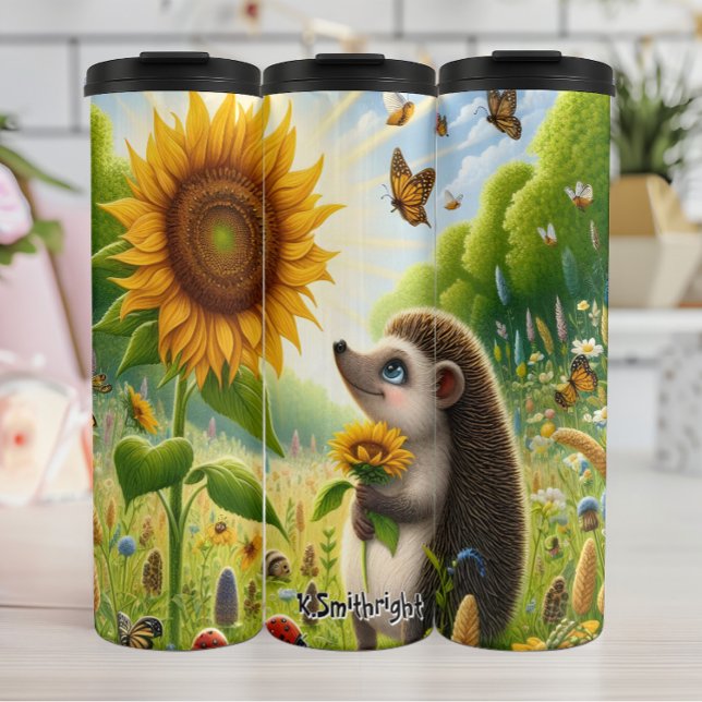 Hedgehog Smelling a Sunflower Thermal Tumbler (Creator Uploaded)